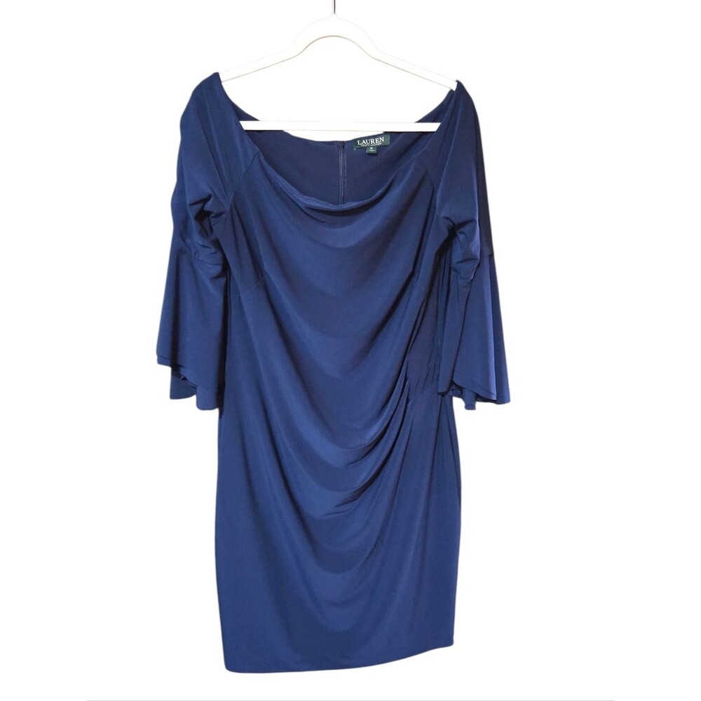 Lauren Ralph Lauren Navy Blue Bell-Sleeve Off-the-Shoulder Draped Jersey Dress